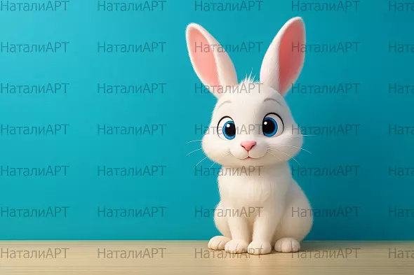Милый белый кролик на фоне голубой стены — универсальный персонаж для детских и праздничных проектов