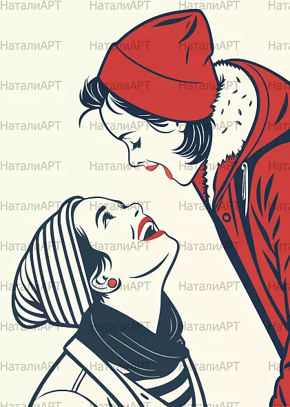 Винтажная иллюстрация двух девушек в зимней одежде — идеальный фон для ретро-дизайна и зимних рекламных кампаний.