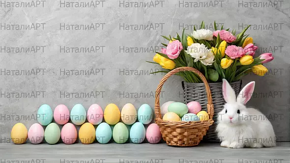 Пасхальная композиция с белым кроликом, корзиной яиц и букетом тюльпанов на сером фоне — идеальный фон для пасхальных и весенних проектов