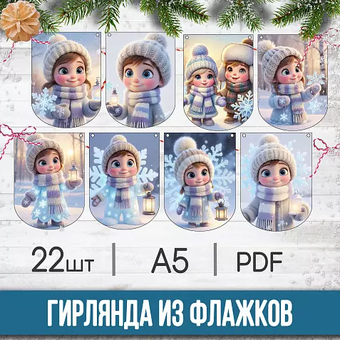 Оформление на Новый год — флажки с милыми «снежатами» для детского сада и школы + календарь 2026 в подарок (А5, 22 шт, PDF)