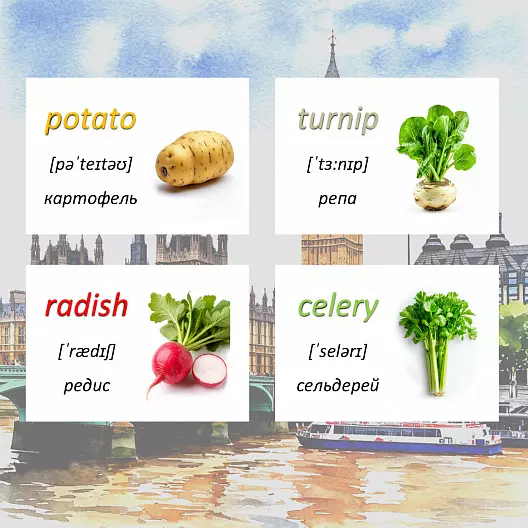 Карточки по английскому языку на тему "Vegetables (Овощи)". С транскрипцией. 51 штуки.