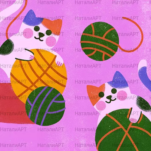 Весёлые котики с клубками на розовом фоне — идеальный фон для детских и творческих проектов.