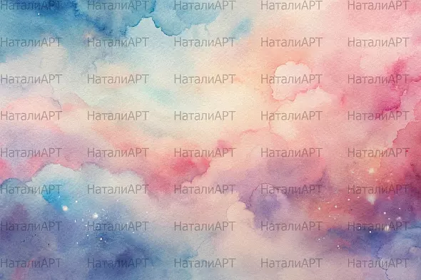 Нежный акварельный пейзаж с облаками и цветами в пастельных тонах
