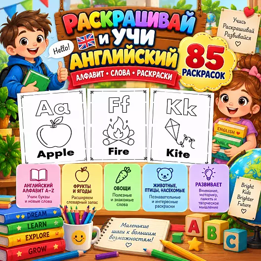 Раскраски для детей "Раскрашивай и учи английский" 85 страниц