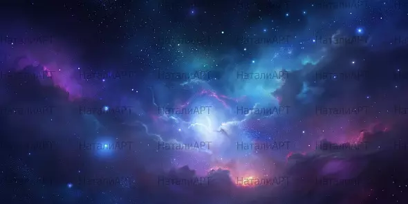 Космическая туманность с сияющими звёздами и переливами фиолетового и синего света — идеальный фон для научных и футуристических проектов.