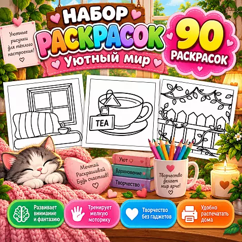 Раскраски для детей "Уютный мир" 90 страниц