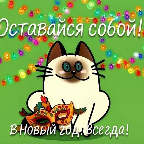 Новогодняя цифровая открытка «Оставайся собой» с сиамским котом