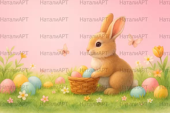 Пасхальный зайчик с корзинкой на розовом фоне — нежная иллюстрация для весенних и праздничных проектов