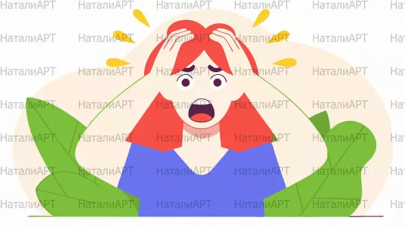 Яркая иллюстрация встревоженной девушки с красными волосами: эмоции, стресс и удивление