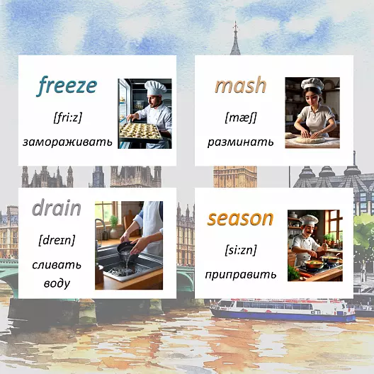Карточки по английскому языку на тему "Cooking verbs (Кулинарные глаголы)". С транскрипцией. 56 штук.