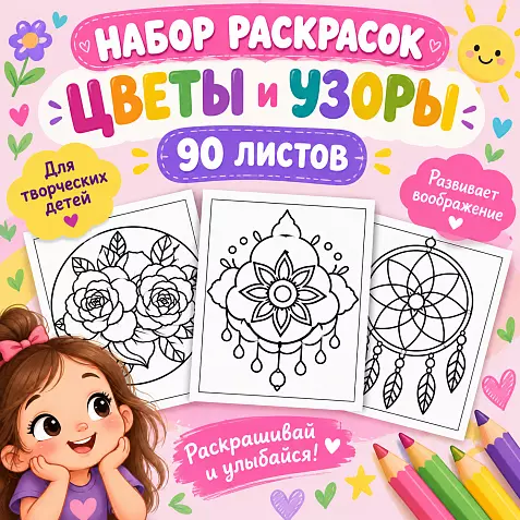 Раскраски для детей "Цветы и узоры" 90 листов