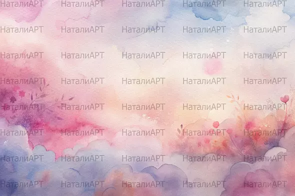 Нежный акварельный пейзаж с облаками и цветами в пастельных тонах