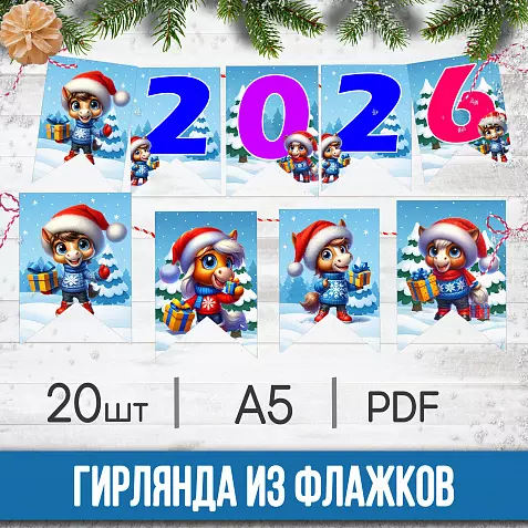 Оформление на Новый год 2026 — гирлянда из флагов «С Новым годом!» и «2026» с лошадками (А5, 20 шт, PDF)