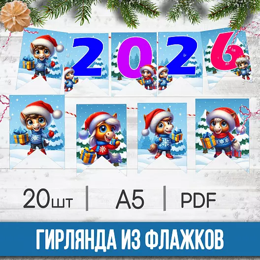 Оформление на Новый год 2026 — гирлянда из флагов «С Новым годом!» и «2026» с лошадками (А5, 20 шт, PDF)