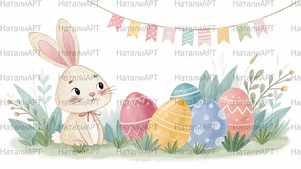 Милый пасхальный кролик с пасхальными яйцами на фоне зелени и флажков — идеальный фон для весенних и пасхальных проектов