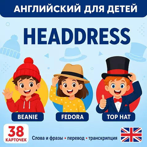 Карточки по английскому языку на тему "Headdress (Головные уборы)". С транскрипцией. 38 штук.