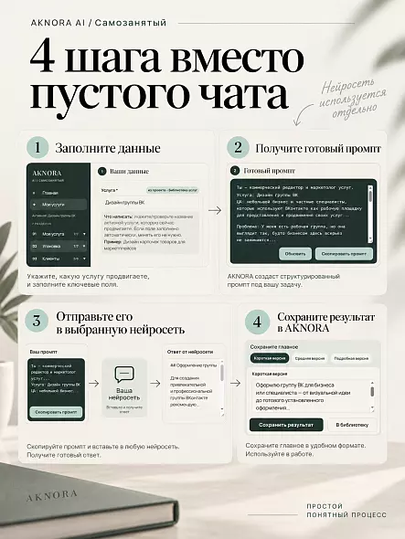 Рабочая тетрадь для самозанятых и фрилансеров — 50 AI-инструментов и промптов | AKNORA