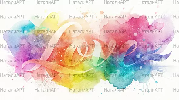 Акварельная надпись 'LOVE' в пастельных радужных тонах – символ нежности и гармонии