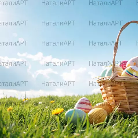 Пасхальная корзинка с крашеными яйцами на фоне зелёного луга и голубого неба — символ весеннего праздника