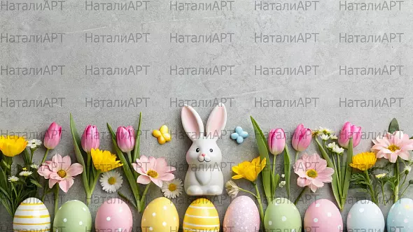 Пасхальный декор с кроликом, цветами и яйцами на сером фоне — стильный и яркий фон для весенних и праздничных проектов
