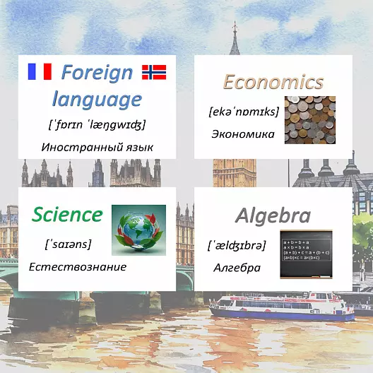 Карточки по английскому языку на тему "School Subjects". С транскрипцией. 37 штук.