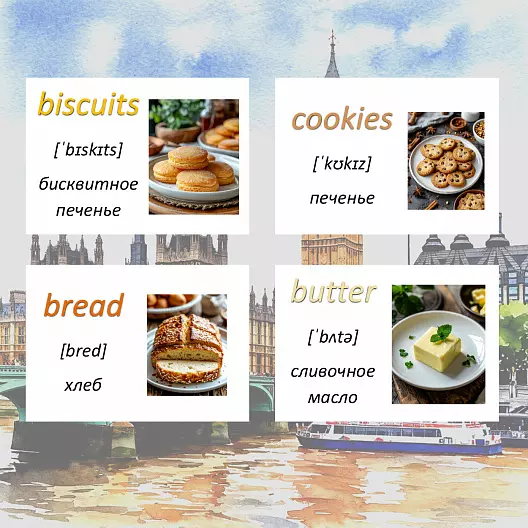 Карточки по английскому языку на тему "My Food". С транскрипцией. 64 штуки.