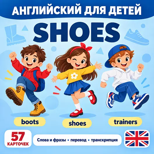Карточки по английскому языку на тему "Shoes (Обувь)". С транскрипцией. 57 штук.