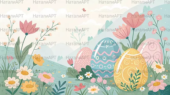Яркие пасхальные яйца в цветочном поле — идеальный фон для весенних и праздничных проектов