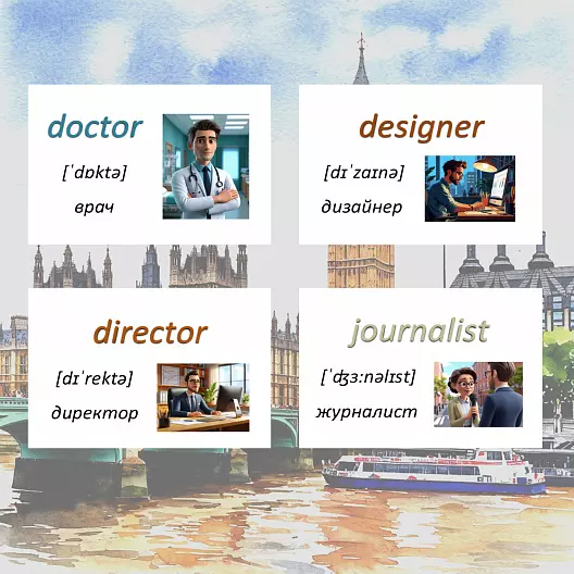 Карточки по английскому языку на тему "Professions (Профессии)". С транскрипцией. 70 штук.