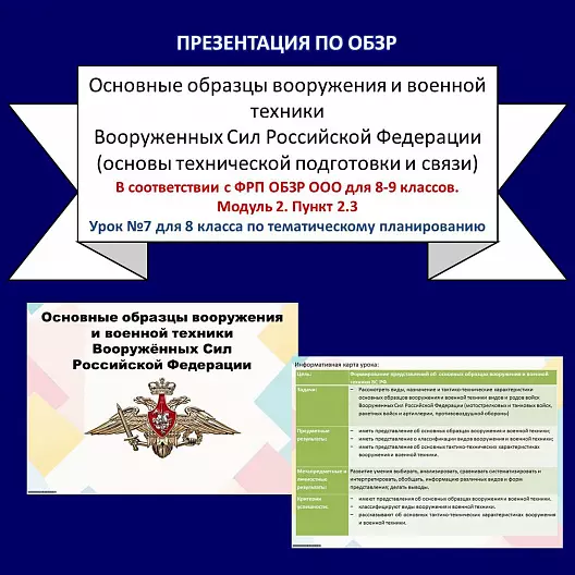 Презентация по ОБЗР "Основные образцы вооружения и военной техники Вооруженных Сил Российской Федерации (основы технической подготовки и связи)"