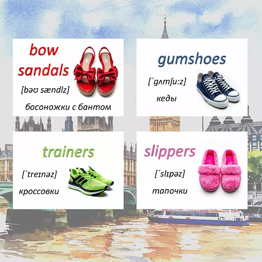 Карточки по английскому языку на тему "Shoes (Обувь)". С транскрипцией. 57 штук.