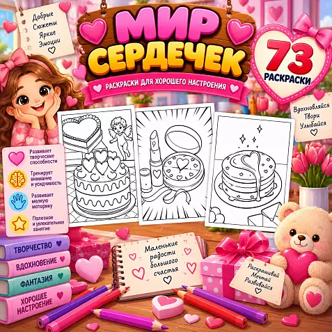 Раскраски для детей "Мир сердечек" 73 страницы