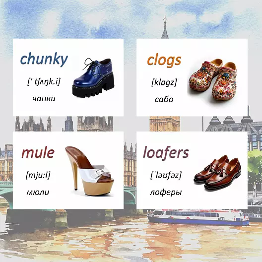 Карточки по английскому языку на тему "Shoes (Обувь)". С транскрипцией. 57 штук.