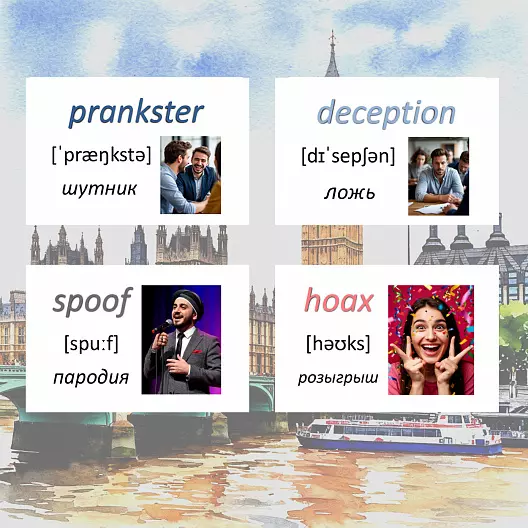 Карточки по английскому языку на тему "April Fool's Day (Первоапрельский День дурака)". С транскрипцией. 40 штук.