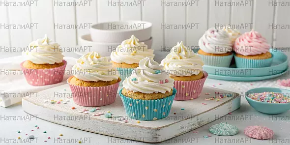 Яркие капкейки с кремом и украшениями — аппетитное изображение для рекламы кондитерских изделий и праздничного декора.