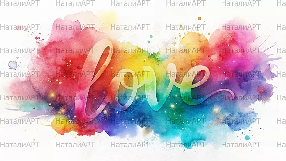 Яркая акварельная надпись 'LOVE' в радужных цветах с эффектом брызг и сияния