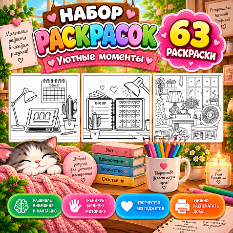Раскраски для детей "Уютные моменты" 63 страницы