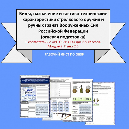 Рабочий лист по ОБЗР "Виды, назначение и тактико-технические характеристики стрелкового оружия и ручных гранат Вооруженных Сил Российской Федерации (огневая подготовка)"