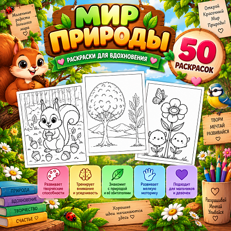 Раскраски для детей "Мир природы" 50 страниц