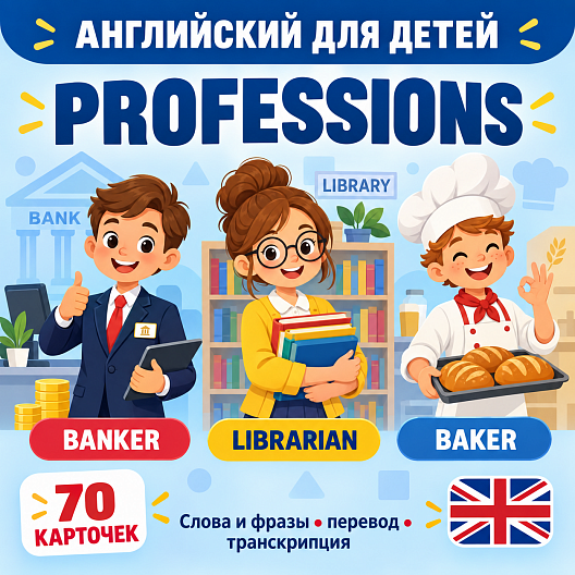 Карточки по английскому языку на тему "Professions (Профессии)". С транскрипцией. 70 штук.