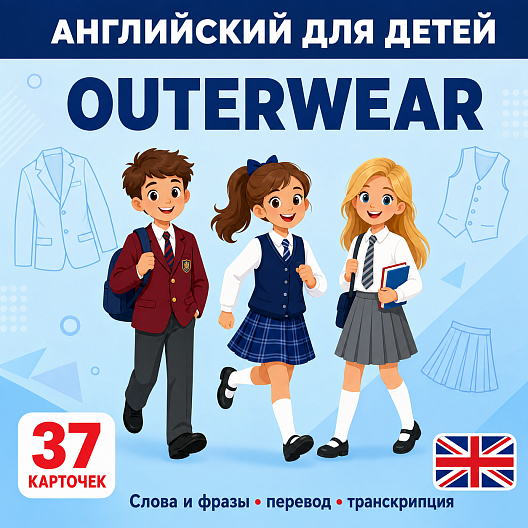 Карточки по английскому языку на тему "Outerwear (Верхняя одежда)". С транскрипцией. 37 штук.