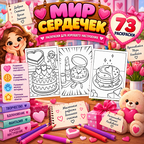 Раскраски для детей "Мир сердечек" 73 страницы