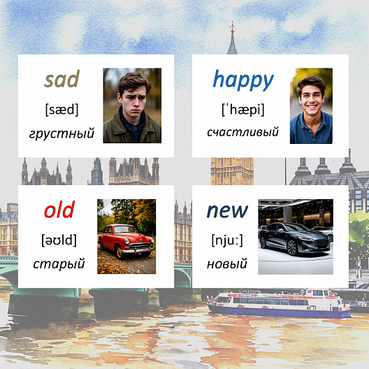 Карточки по английскому языку на тему "Adjective (Прилагательное)" уровня A1. С транскрипцией. 40 штук.